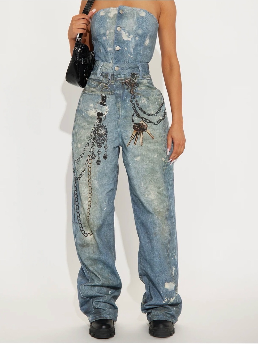 Fashion Nova Break Free strapless Graffiti Denim Jumpsuit SZ Medium